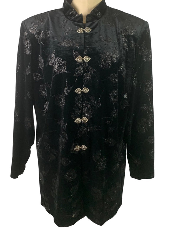 2X J.B.S. Ltd. Vintage 1980s Black Velvet Sparkle Jacket Mandarin Collar Silvertone Clasps