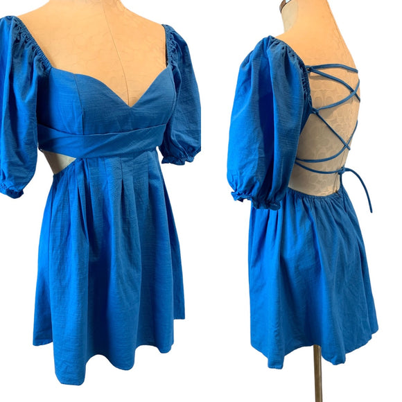 Small Mable Blue Cut Out Puff Sleeve Dress Open Lace Up Back Linen Cotton Blend