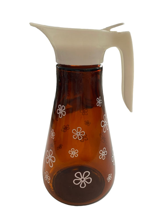 Vintage Syrup Dispenser Creamer Brown Glass Flowers White Plastic Top Lid
