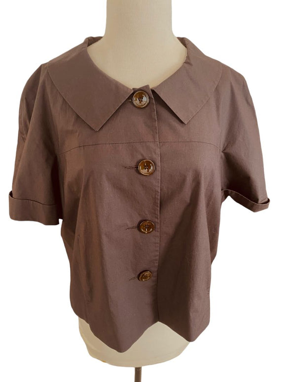 Large Peserico Brown Button Blouse Short Sleeve Peter Pan Collar Lined (Italy 48)