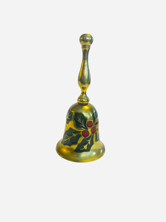Vintage Brass Hand Bell Enameled Holly Christmas Decor