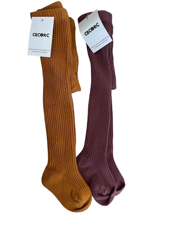 New Cerorc Toddler Tights Plum and Mustard Ribbed 1T/2T