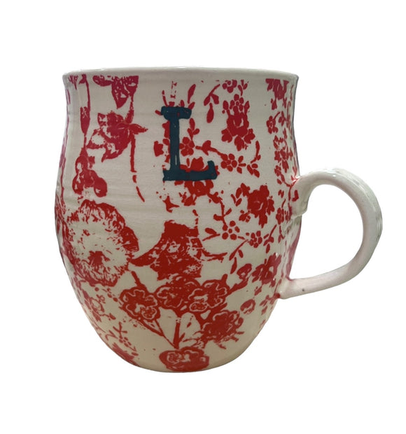 ANTHROPOLOGIE Monogram Mug Coffee Cup Letter L Red Floral Homegrown Ceramic