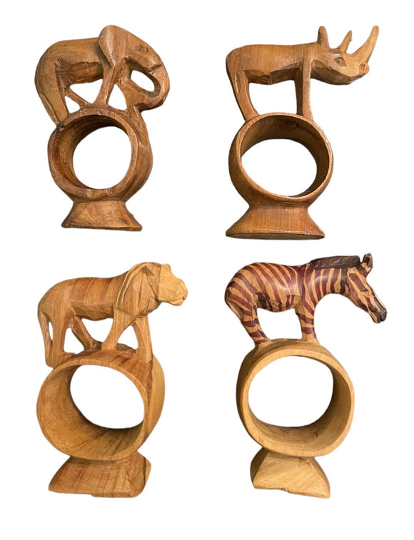 Set of 4 African Safari Animals Wooden Napkin Holder Ring Hand Carved