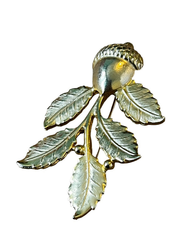 Gold Tone Fall Acorn Oak Leaf Brooch Vintage 3.25