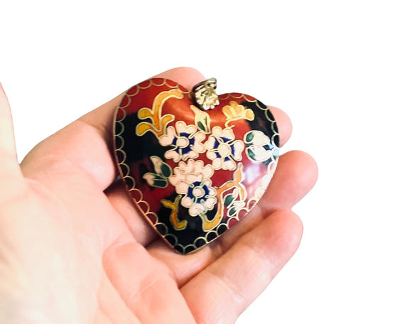 Cloisonné Red Floral Heart Reversible Pendant Gold Tone Enameled 3D