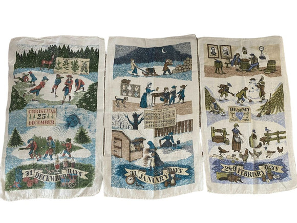 Lois Lang Signed Winter Month Tea Towels Signed Vintage December January February Folk Art Set of 3 28