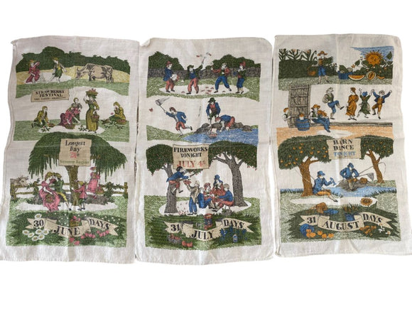 Lois Lang Signed Summer Month Tea Towels Signed Vintage June July August Folk Art