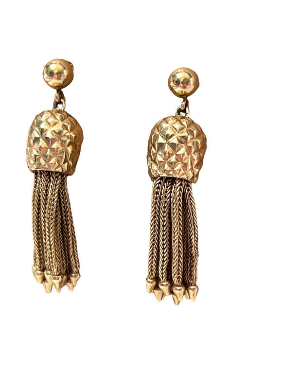 Vintage 14K Gold Tassel Dangle Earrings Pineapple Pattern 12 gram Weight