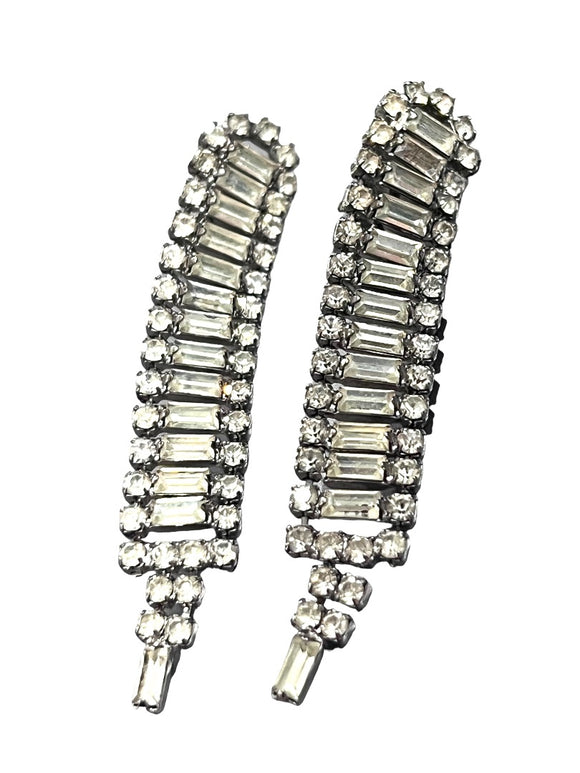 Weiss Crystal Rhinestone Clip Earrings Dangle Haute Couture Silver Clear Art Deco Signed
