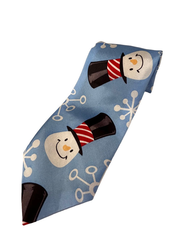 Four Star Men's Necktie Tie Powder Blue Snowman 52 Inch Length Polyester Novelty