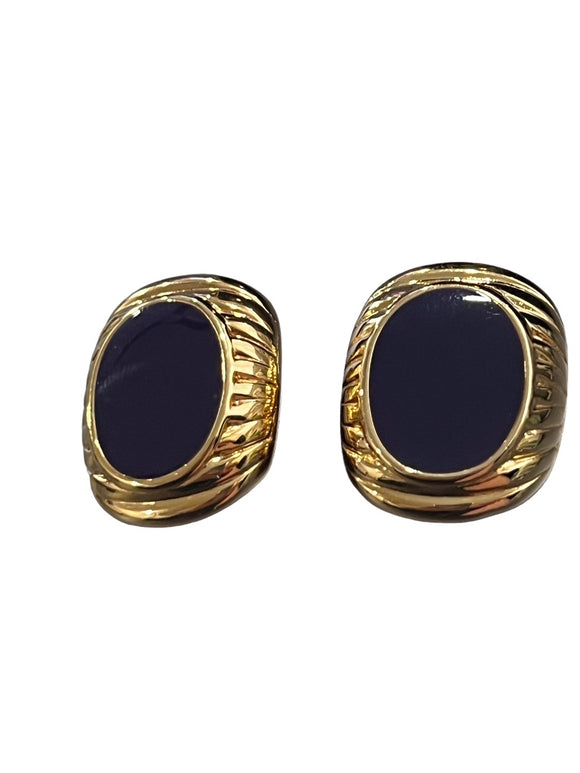 Vintage Signed JS Gold Tone And Navy Enamel Clip-On Earrings