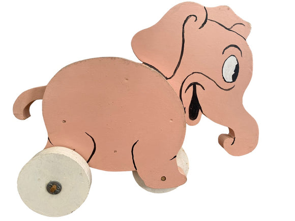 Vintage Folk Art Handmade Elephant Pull Toy Wood Pink Nursery Decor