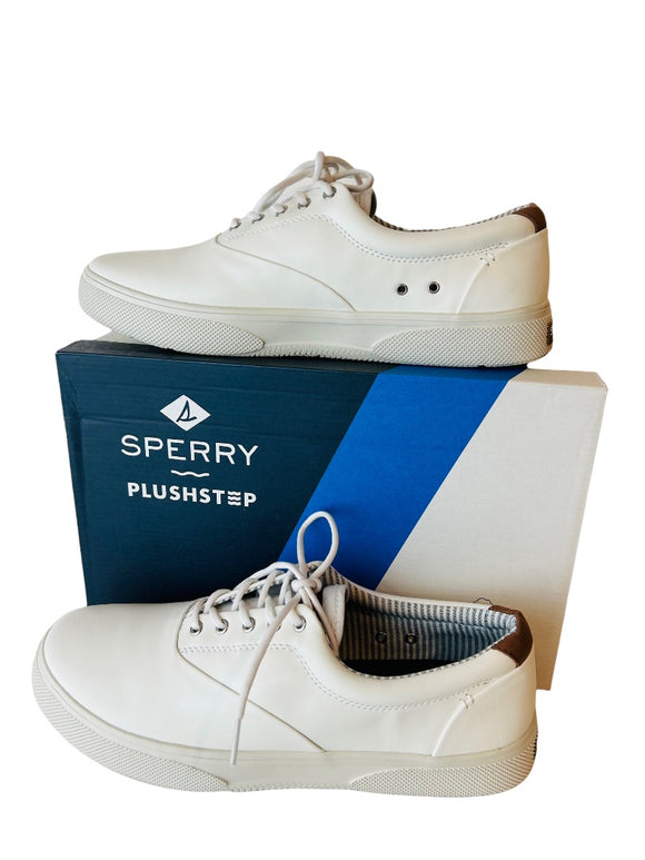 10.5W Wide Sperry Men's New Halyard White Lace Up Plushstep Sneakers