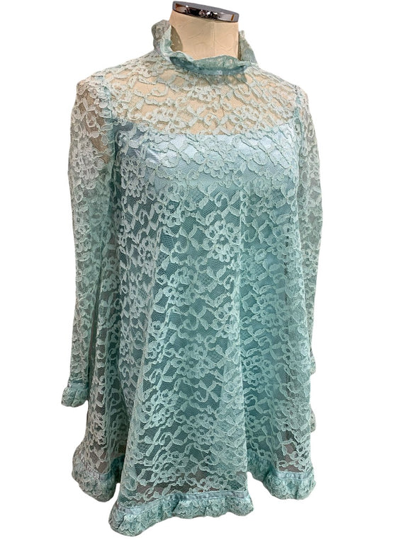 Vintage Aqua Swing Shift Mini Dress Vintage 1960s Lace Overlay Satin