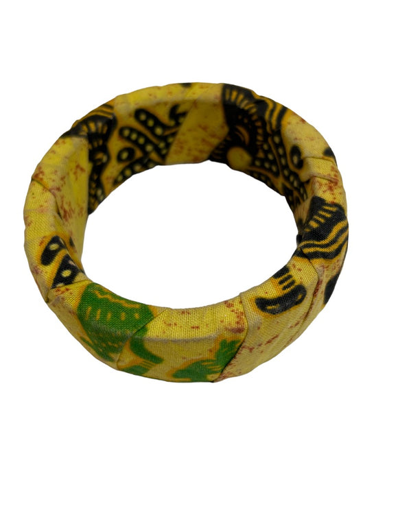 Fabric Wrapped African Print Bangle Bracelet Yellow Black Green 2.5