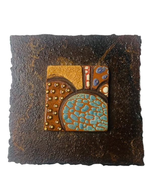 Meagan Chaney 2009 Signed Clay and Metal Art Wall Hanging 3.75 Inches Square
