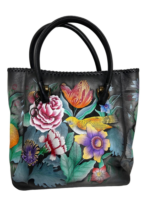 Anushka Black Leather Hand Painted Tall Tote Double Handle 609