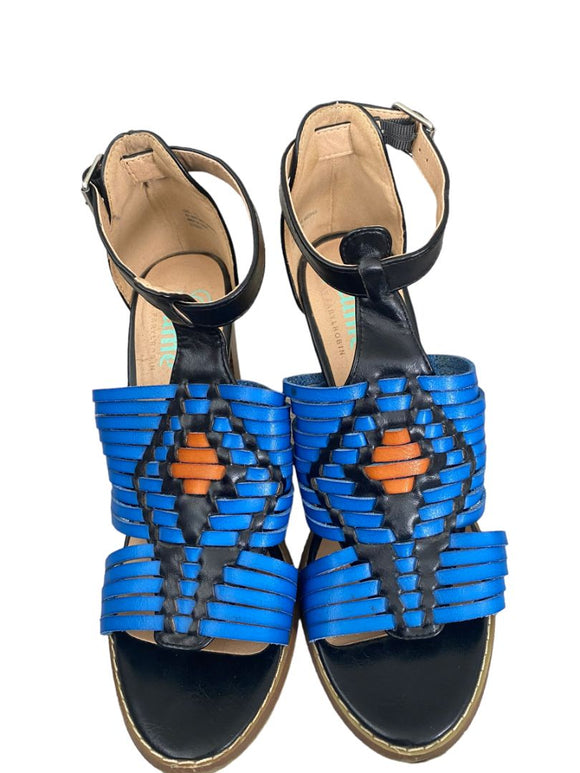 7.5 Plume FarylRobin Blue Orange Strappy Sandals Stack Heel Ankle Strap Shoes Anthro