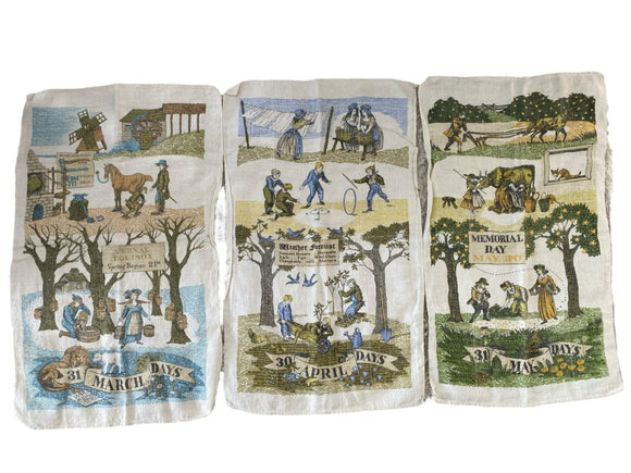 Lois Lang Signed Spring Month Tea Towels Signed Vintage March April May Folk Art Set of 3 28