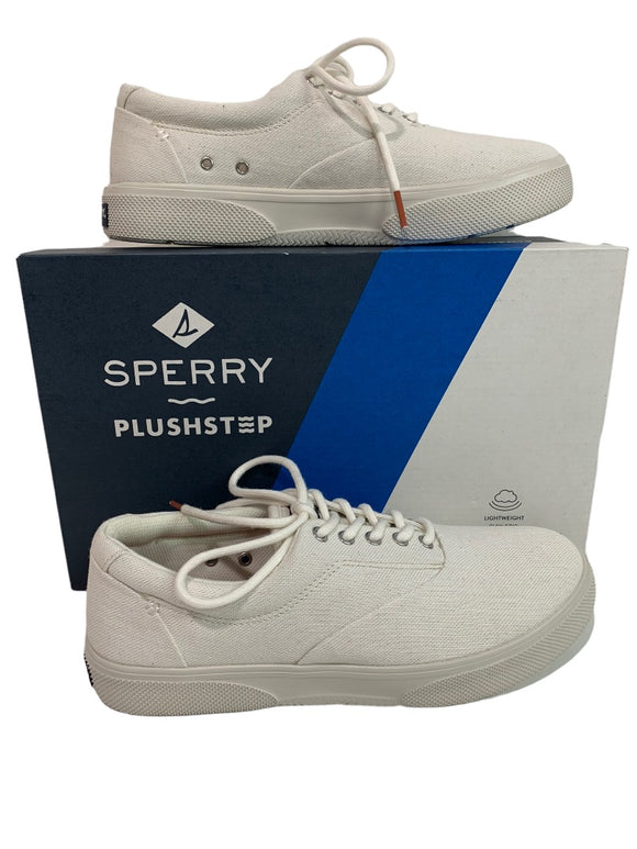 Size 7 Sperry PlushStep Men's New White Canvas Lace Up Sneakers Halyard STS25087