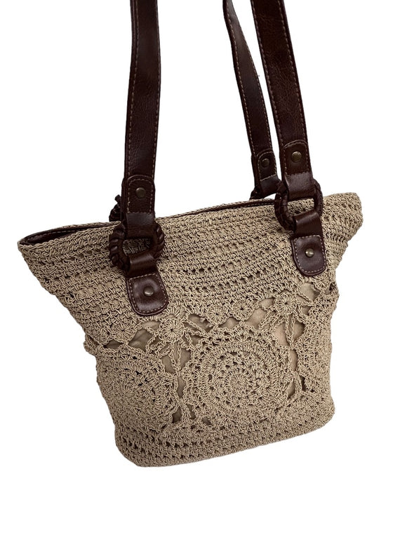 Tan Brown Crochet Boho Style Shoulder Bag Lined Zip Top Handbag Purse