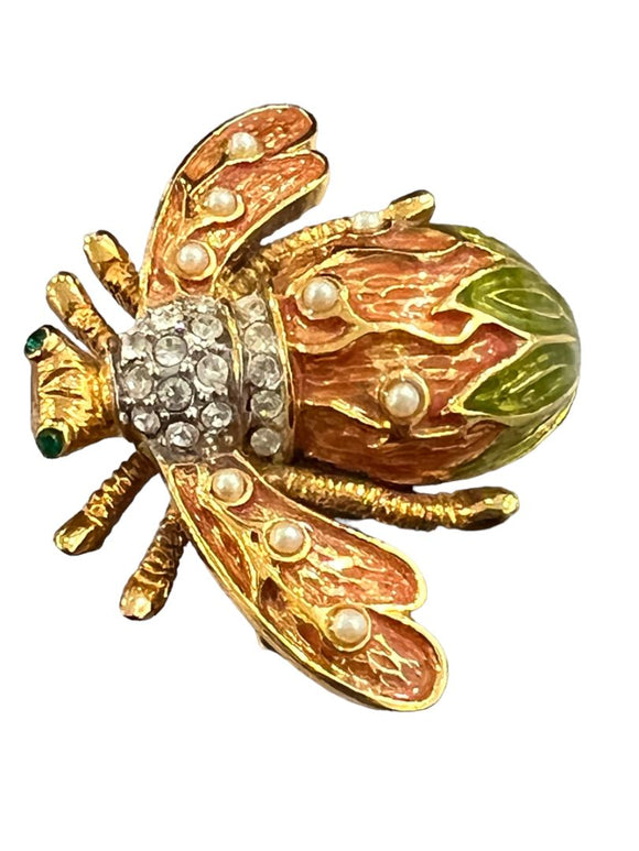 Vintage Joan Rivers Lily Of The Valley Bee Brooch Enamel and Faux Pearl Crystal Goldtone