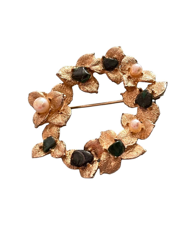 Vintage Swoboda Jade and Real Pearl Floral Wreath Brooch Pin