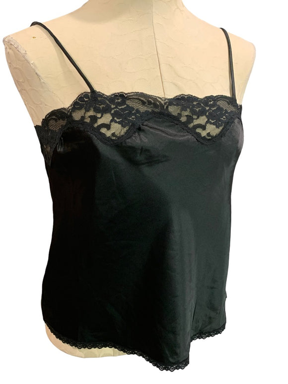 Small Body Chic Vintage 1970s Camisole Black Satin Lace Trim USA Lingerie