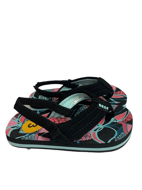 Size 3 (3/4) Kids Reef Little Ahi Sandals Flip Flops Back Strap Black Pink