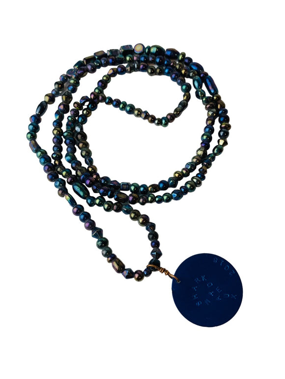 Beaded Necklace Dark Purple Blue Beads Blue Medallion 