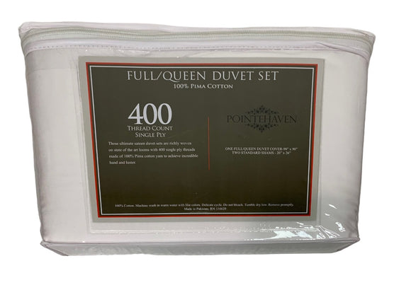 Pointhaven Full Queen Size New Pima Cotton 400 Thread Count White Duvet and 2 Sham Set