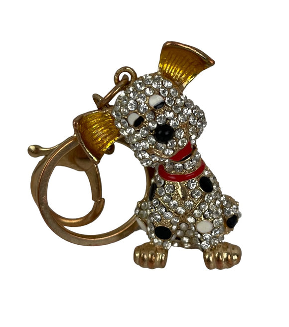 Rhinestone Dalmation Dog Goldtone Key Ring Keychain Bag Clip