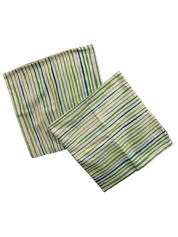Set of 2 Pillow Covers Burlap Style Green Blue Striped 16