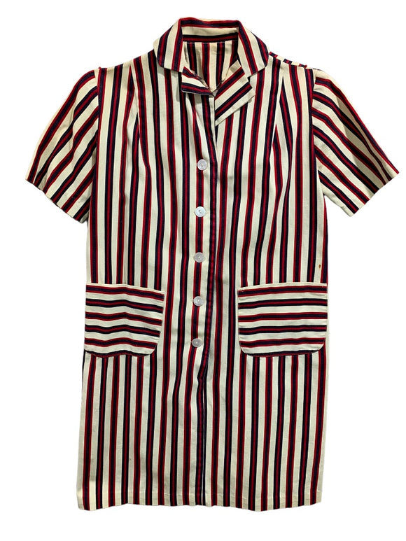 Vintage 1960s Women's Striped Shirt Dress Pockets Belt Red Blue Cream Stains