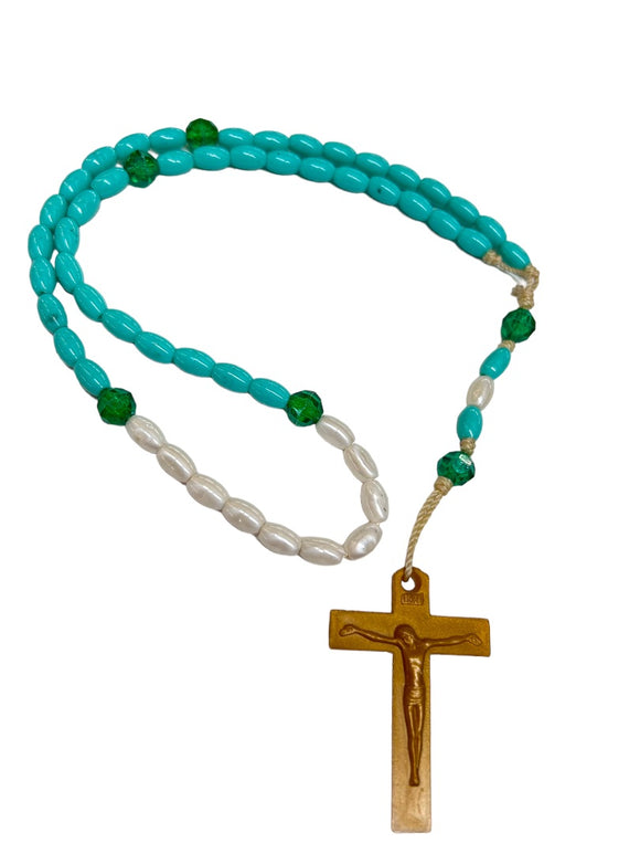 Vintage Plastic Rosary Beads Turquoise White Goldtone