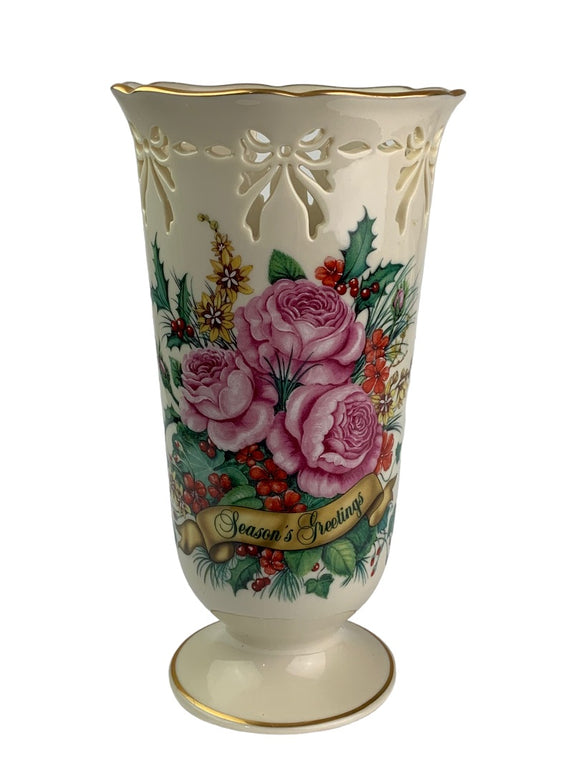 1999 Lenox Season's Greetings 8.5 Inch Pierced Fine Ivory China Vase Made in USA
