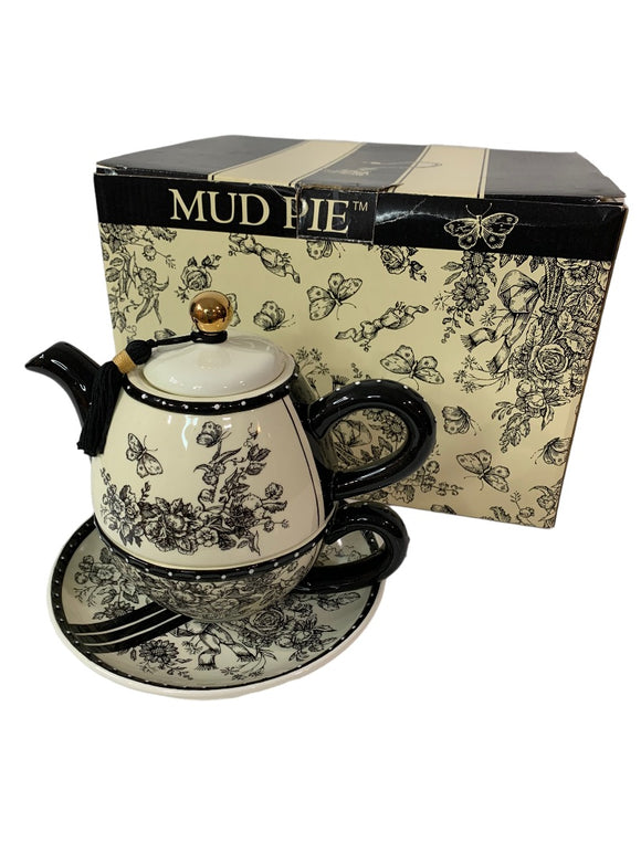 Mud Pie Individual Tea Pot and Saucer Tassel Lid in Box Black Toile