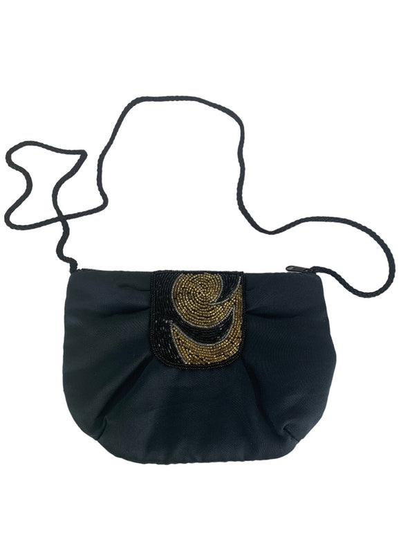 Black Satin and Beaded Evening Bag Shoulder Strap Zip Top Demilune