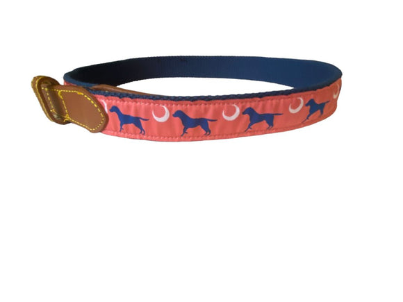 36 Simply Southern Men's Dog Crescent Moon Belt Salmon Pink Blue NWOT Preppy Ribbon