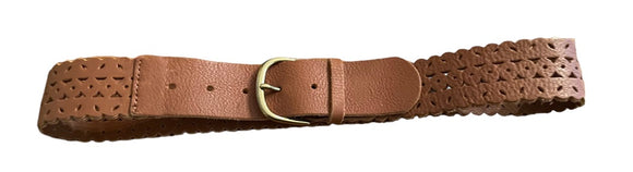 Small J. Crew 100% Leather Laser Cut Scalloped Edge Brass Buckle Womens Belt Brown Style 44415