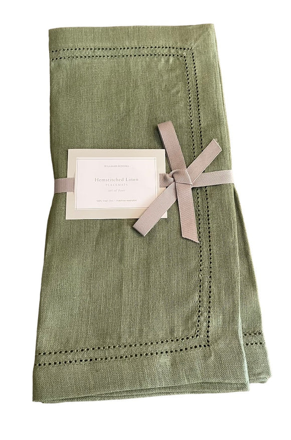 Williams-Sonoma Set of 4 Hemstitched Olive Green Linen Placemats New
