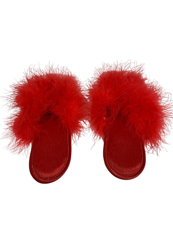 Small Women's Red Flat Feathery Slippers Vintage 1980s Slip On