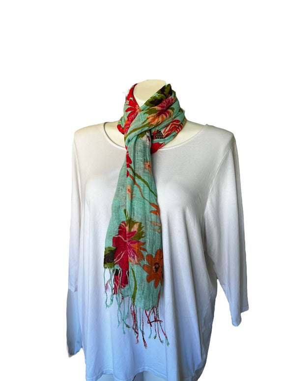 Spartina Long Linen Blend Scarf Tiffany Blue Bright Floral Fringed