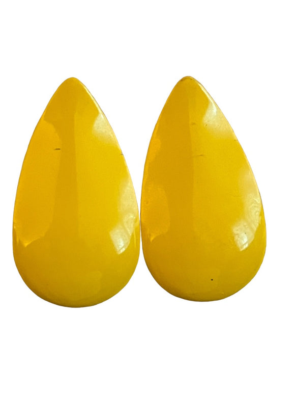 80's Bright Yellow Metal Earrings Retro Tear Drop Enamel Paint