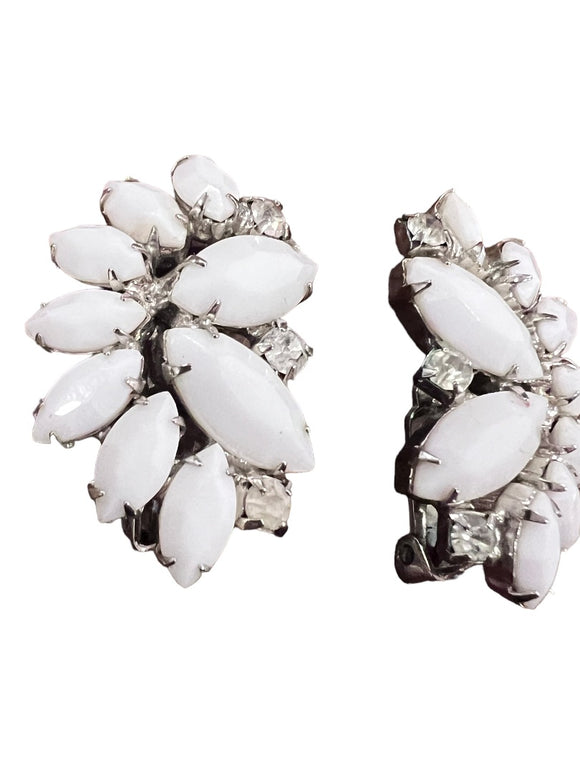 Weiss White Cabochon Rhinestone Clip On Earrings Silver Tone