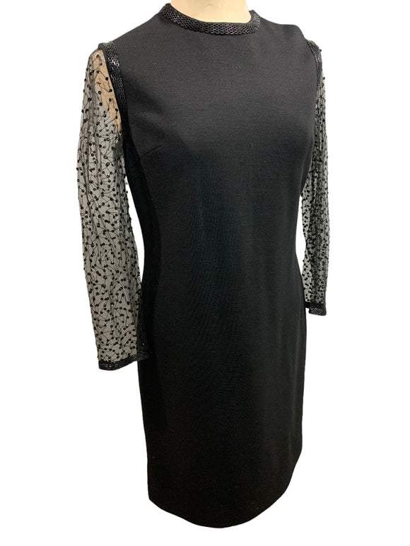 St. Andrews Vintage 1960's Sheer Sleeve Sheath Dress Black Zephyr Wool