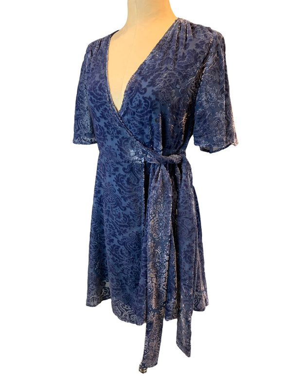 Small Mi Ami Nordstrom Blue Velvet Wrap Dress Short Sleeve