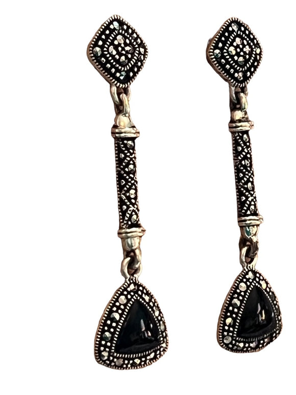 Black Agate and Marcasite Drop Earrings Sterling Silver 925 Stamp