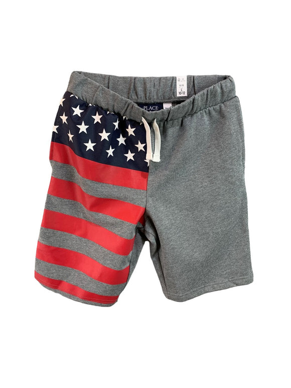 Large (10/12) The Children's Place Boy's Pull On Sweatshorts Gray USA Flag New
